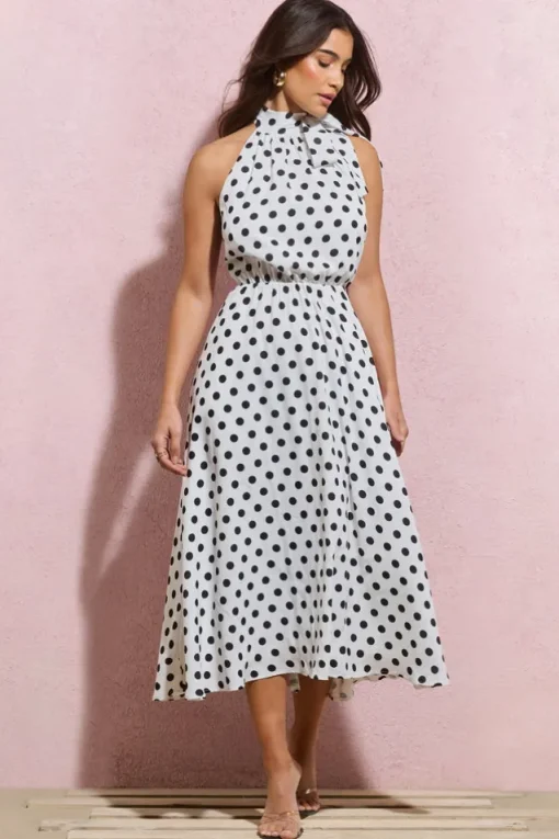 Winona | White Polka Dot High-Neck Split Midi Dress With Bow