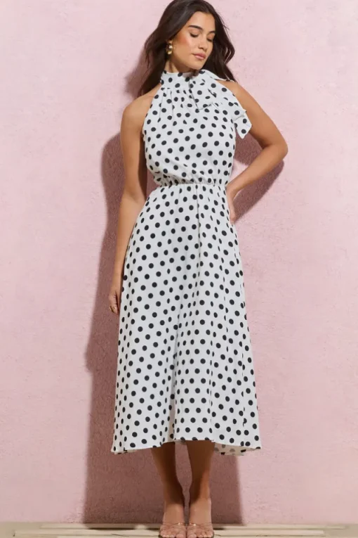 Winona | White Polka Dot High-Neck Split Midi Dress With Bow