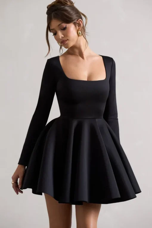 Winslet | Black Square-Neck Skater Mini Dress