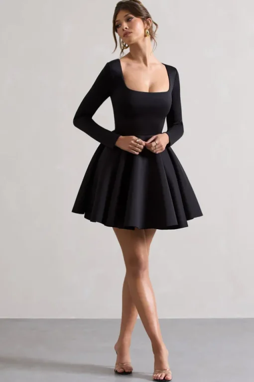 Winslet | Black Square-Neck Skater Mini Dress