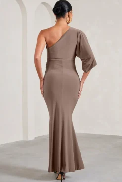 Wisdom | Mocha Ruched Asymmetric One-Shoulder Maternity Maxi Dress