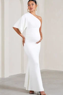 Wisdom | White Ruched Asymmetric One-Shoulder Maternity Maxi Dress
