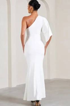 Wisdom | White Ruched Asymmetric One-Shoulder Maternity Maxi Dress