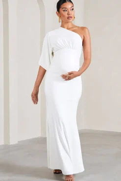 Wisdom | White Ruched Asymmetric One-Shoulder Maternity Maxi Dress