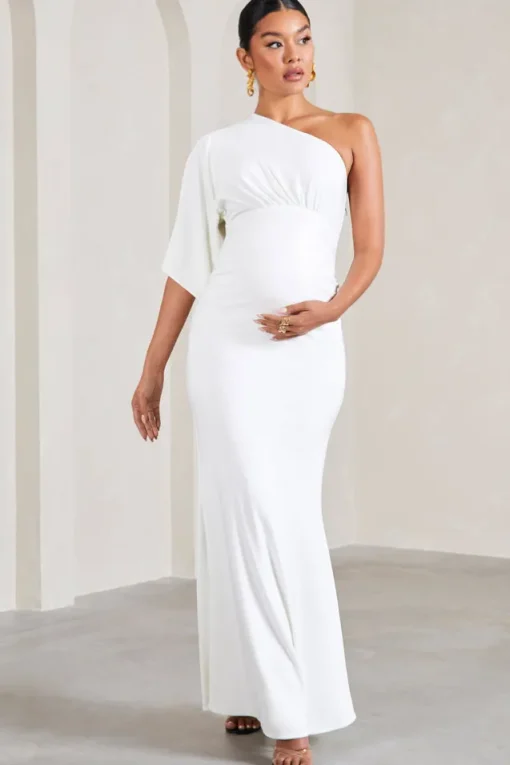 Wisdom | White Ruched Asymmetric One-Shoulder Maternity Maxi Dress