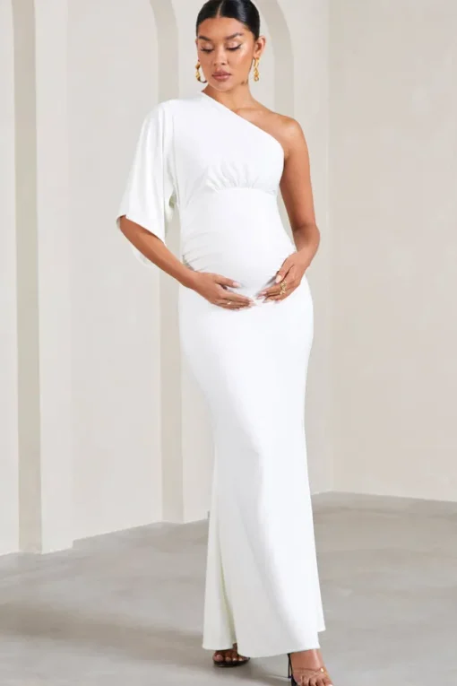 Wisdom | White Ruched Asymmetric One-Shoulder Maternity Maxi Dress