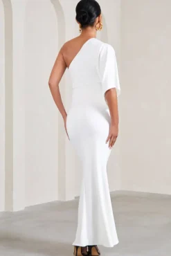 Wisdom | White Ruched Asymmetric One-Shoulder Maternity Maxi Dress