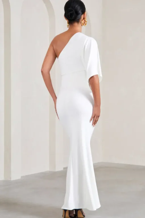 Wisdom | White Ruched Asymmetric One-Shoulder Maternity Maxi Dress