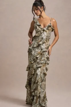 Wispy | Snake Print Plunge-Neck Ruffled Maxi Dress