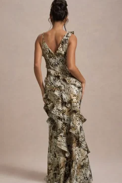 Wispy | Snake Print Plunge-Neck Ruffled Maxi Dress