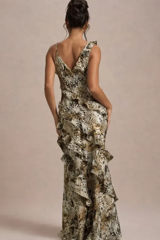 Wispy | Snake Print Plunge-Neck Ruffled Maxi Dress