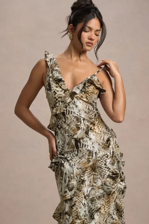 Wispy | Snake Print Plunge-Neck Ruffled Maxi Dress