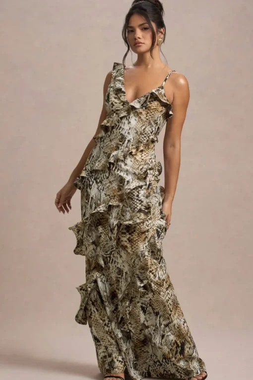 Wispy | Snake Print Plunge-Neck Ruffled Maxi Dress