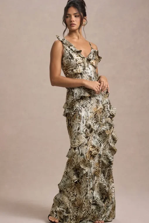 Wispy | Snake Print Plunge-Neck Ruffled Maxi Dress