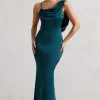 Wistful | Dark Green Satin Asymmetric Cowl-Neck Maxi Dress