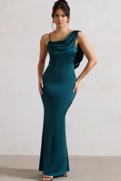Wistful | Dark Green Satin Asymmetric Cowl-Neck Maxi Dress