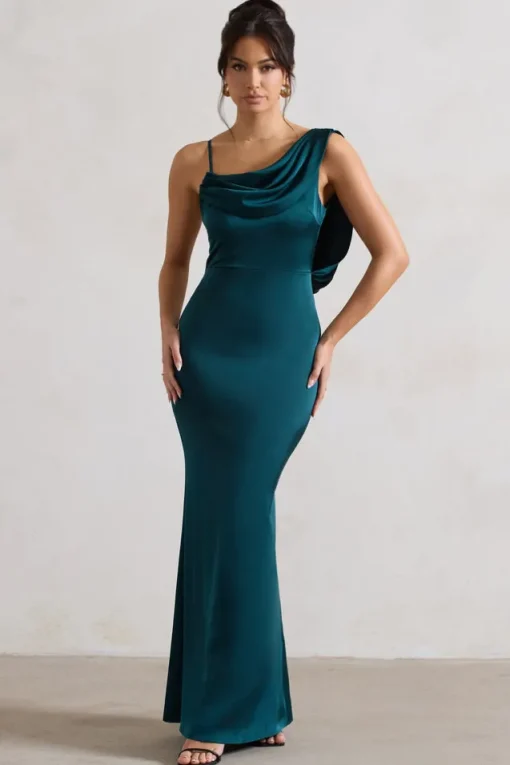 Wistful | Dark Green Satin Asymmetric Cowl-Neck Maxi Dress