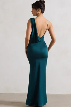 Wistful | Dark Green Satin Asymmetric Cowl-Neck Maxi Dress