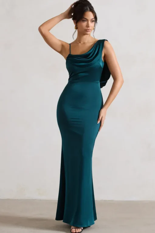 Wistful | Dark Green Satin Asymmetric Cowl-Neck Maxi Dress