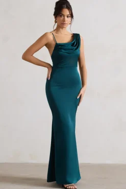 Wistful | Dark Green Satin Asymmetric Cowl-Neck Maxi Dress