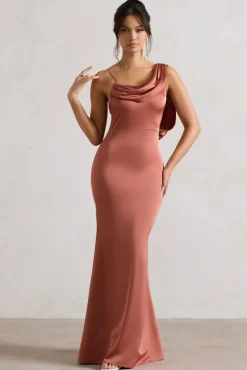 Wistful | Rust Satin Asymmetric Cowl-Neck Maxi Dress