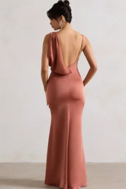 Wistful | Rust Satin Asymmetric Cowl-Neck Maxi Dress