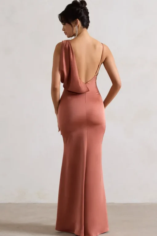 Wistful | Rust Satin Asymmetric Cowl-Neck Maxi Dress