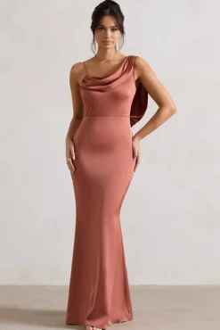 Wistful | Rust Satin Asymmetric Cowl-Neck Maxi Dress