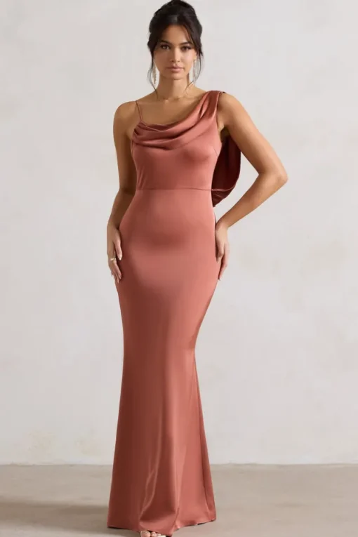 Wistful | Rust Satin Asymmetric Cowl-Neck Maxi Dress