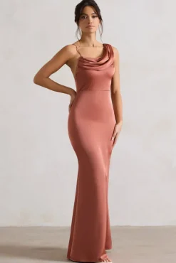Wistful | Rust Satin Asymmetric Cowl-Neck Maxi Dress