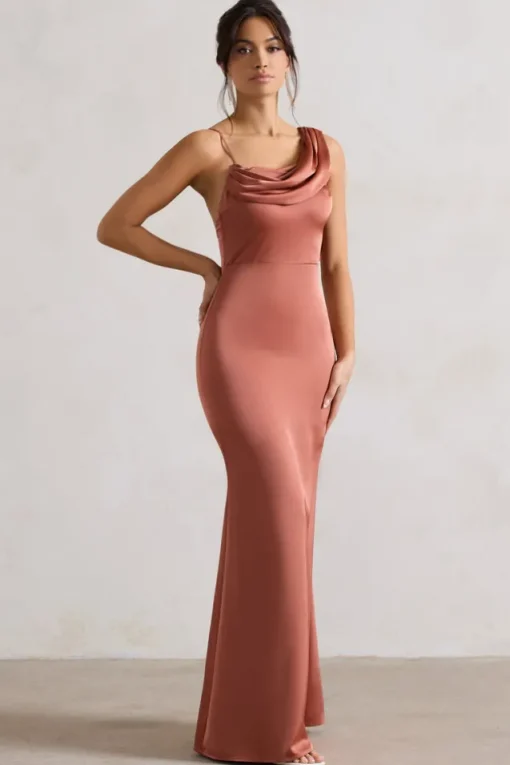 Wistful | Rust Satin Asymmetric Cowl-Neck Maxi Dress
