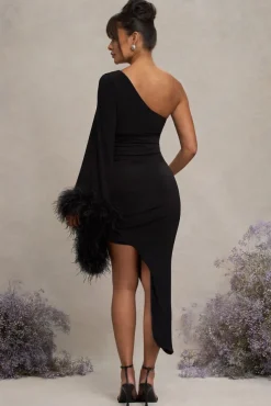 With A Flourish | Black Asymmetric One-Sleeved Maternity Maxi Dress With Feathers