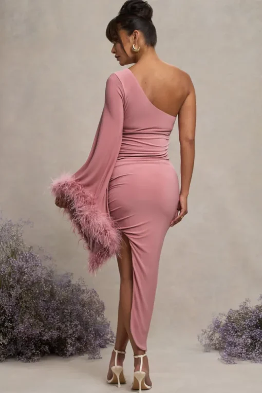With A Flourish | Pink Asymmetric One-Sleeved Maternity Maxi Dress With Feathers