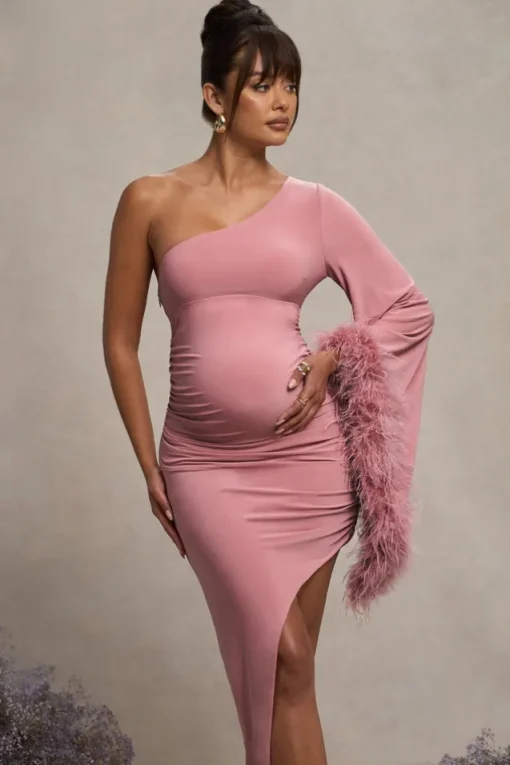 With A Flourish | Pink Asymmetric One-Sleeved Maternity Maxi Dress With Feathers