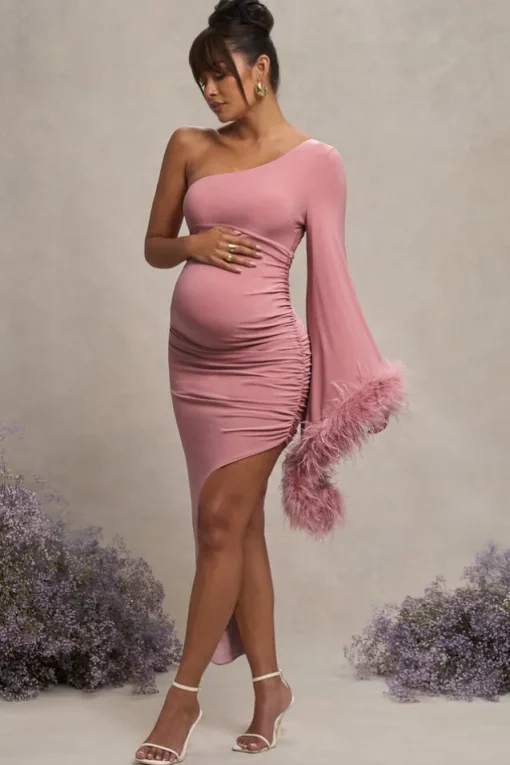 With A Flourish | Pink Asymmetric One-Sleeved Maternity Maxi Dress With Feathers