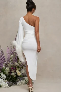 With A Flourish | White Asymmetric One-Sleeved Maternity Maxi Dress With Feathers