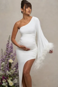 With A Flourish | White Asymmetric One-Sleeved Maternity Maxi Dress With Feathers