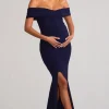 Worth The Wait | Navy Maternity Ruched Bardot Split Hem Maxi Dress