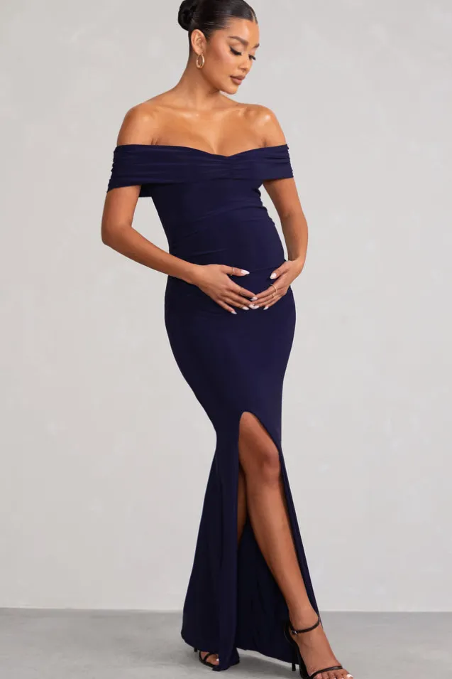 Worth The Wait | Navy Maternity Ruched Bardot Split Hem Maxi Dress