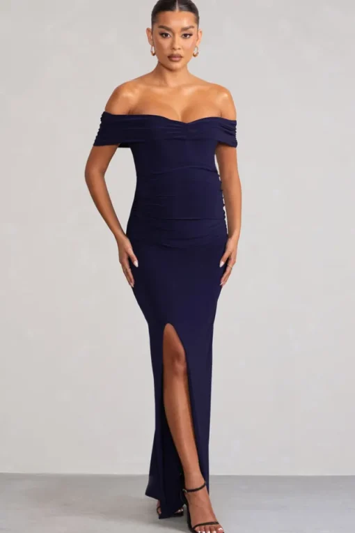 Worth The Wait | Navy Maternity Ruched Bardot Split Hem Maxi Dress