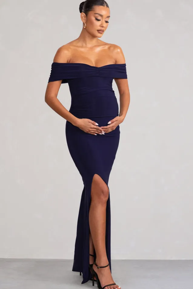 Worth The Wait | Navy Maternity Ruched Bardot Split Hem Maxi Dress