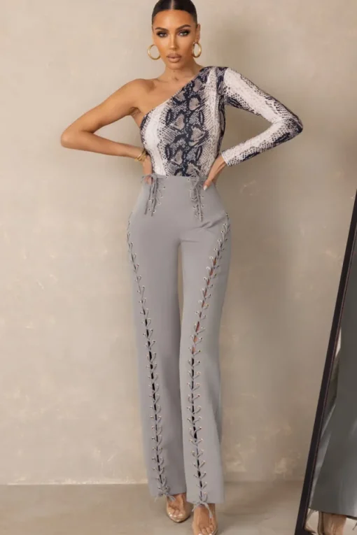Worthy | Grey Lace-Up Detail Trousers in crepe
