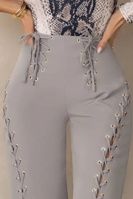 Worthy | Grey Lace-Up Detail Trousers in crepe