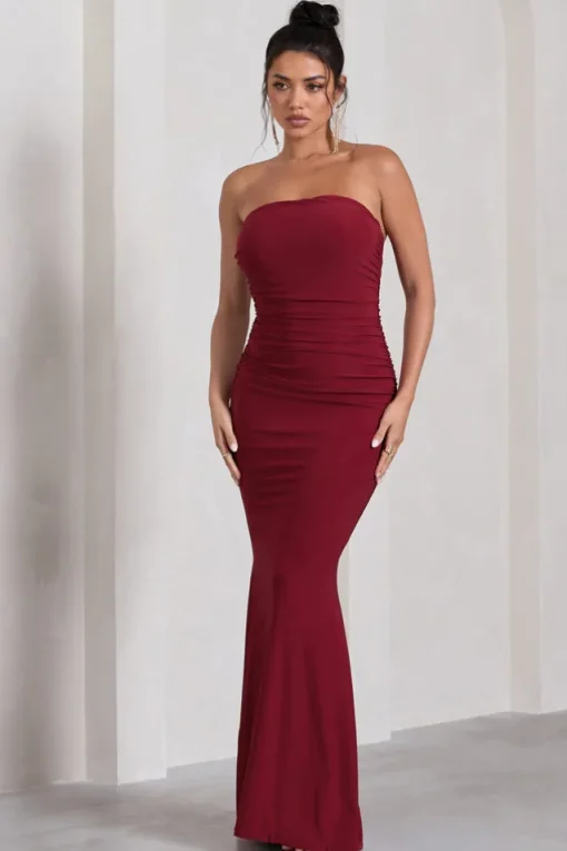 Wren | Berry Ruched Bandeau Maxi Dress
