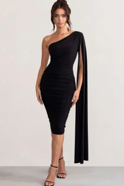 Yara | Black One Shoulder Cape Ruched Midi Dress