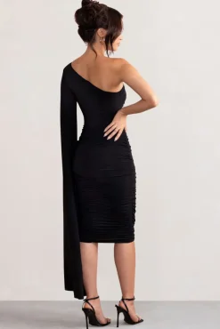 Yara | Black One Shoulder Cape Ruched Midi Dress