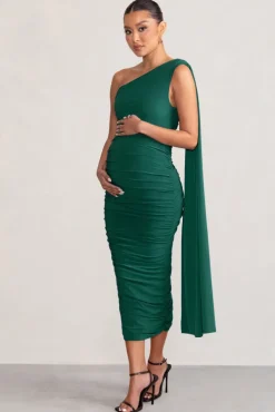 Yara | Bottle Green One Sleeve Ruched Maternity Midi Dress with Cape Sleeve