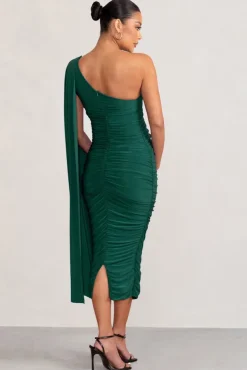 Yara | Bottle Green One Sleeve Ruched Maternity Midi Dress with Cape Sleeve