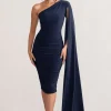 Yara | Navy One Shoulder Cape Ruched Midi Dress