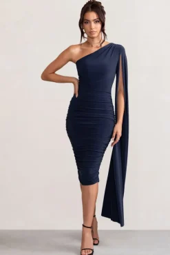 Yara | Navy One Shoulder Cape Ruched Midi Dress